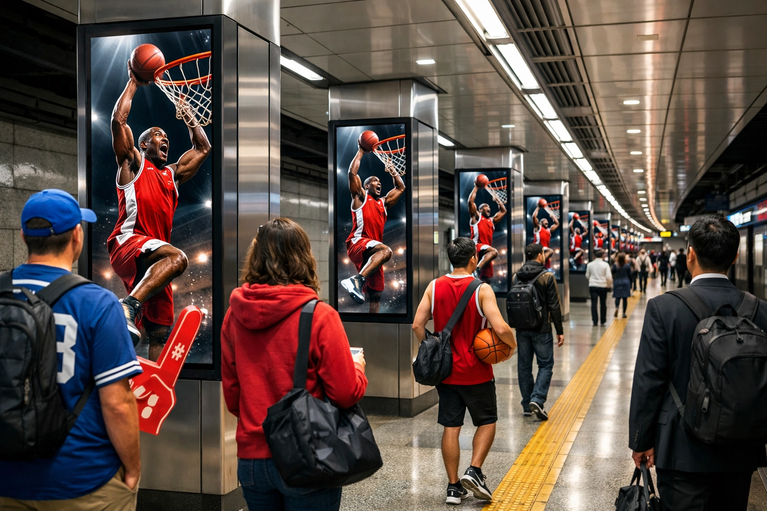 Programmatic DOOH screens in a subway station displaying high-energy basketball campaign creative.