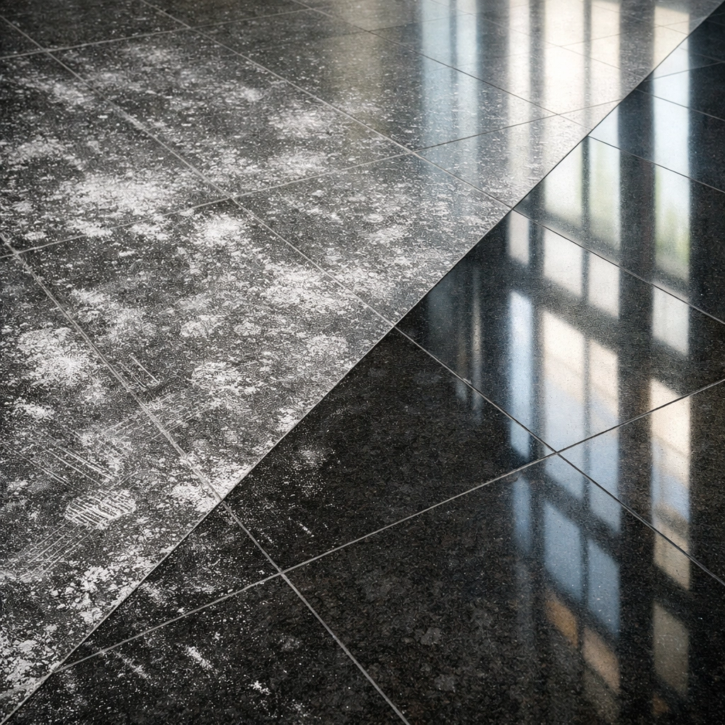 Before and after deep cleaning comparison on a Midwest commercial lobby floor showing salt removal.