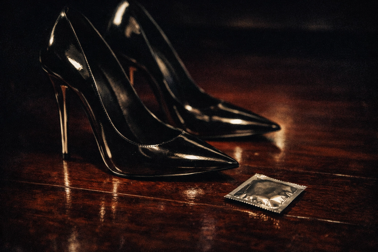 Razor-sharp designer stilettos beside a travel-sized condom packet on a deep mahogany floor