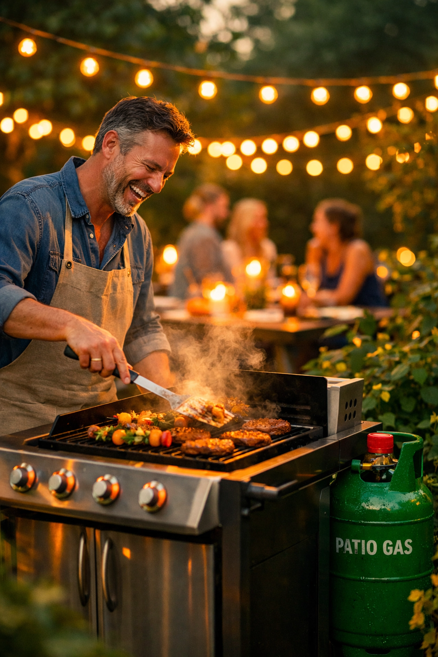 Outdoor event catering using a gas BBQ and a green patio gas cylinder at a party.