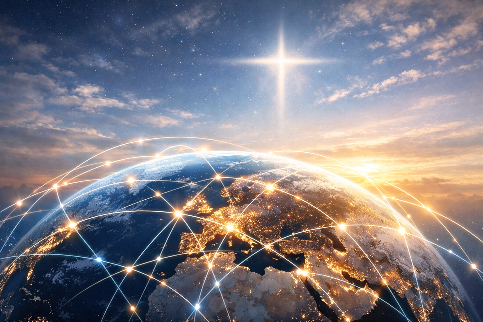 A glowing digital globe representing a connected global church community and online fellowship.