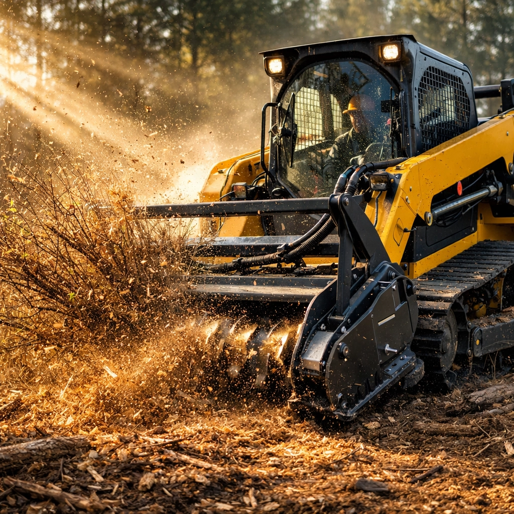 Skid steer with forestry mulcher attachment clearing invasive brush on a Michigan property.