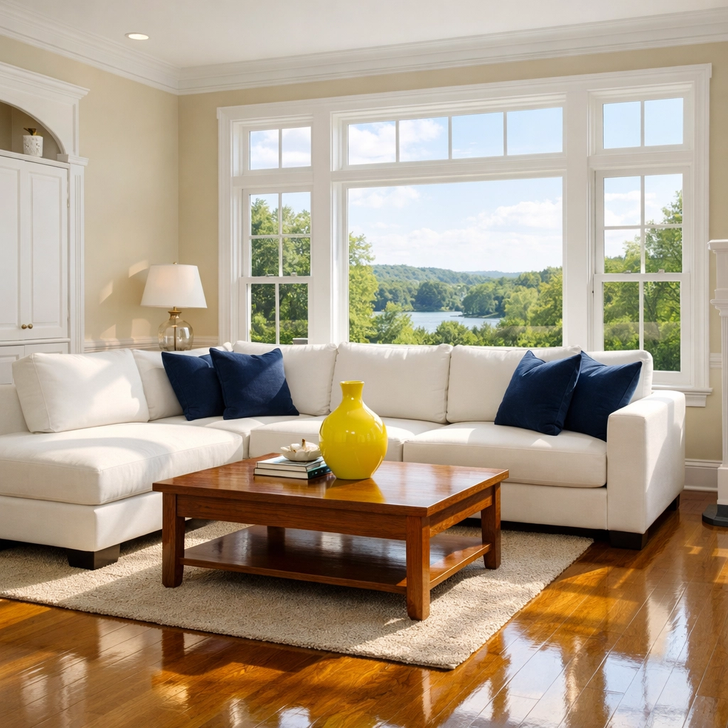 Impeccably clean Milford living room with polished floors highlighting the benefits of professional deep cleaning.