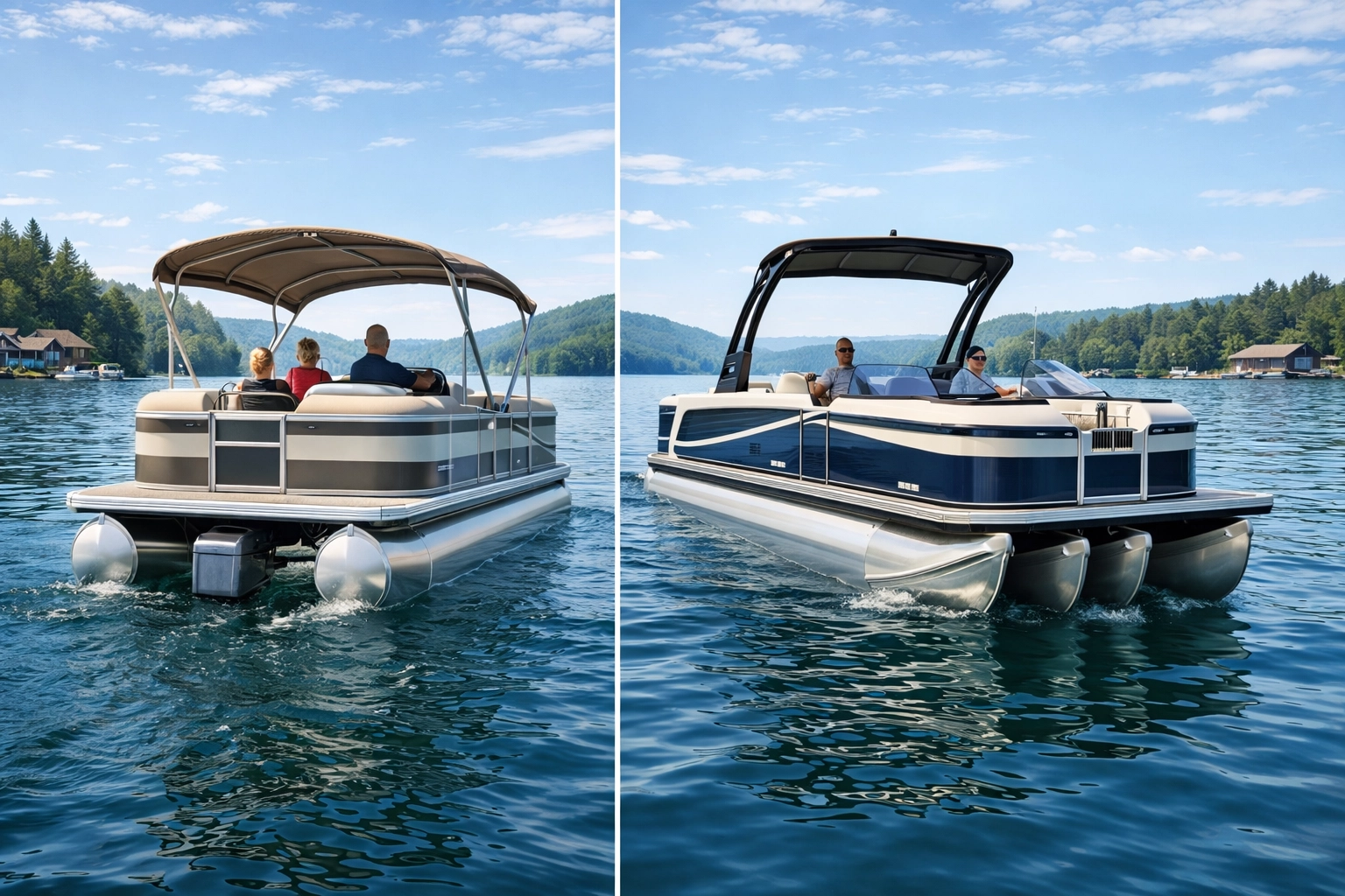 Side-by-side in-water hull comparison—2-log pontoon vs 3-log tritoon