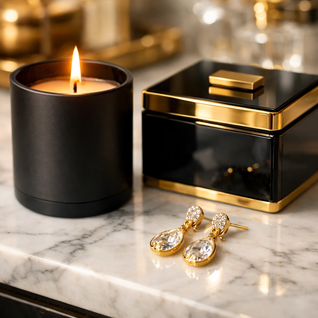Buying Black Matters: How Your Daily Shopping Rebuilds the Spirit of Tulsa’s Black Wall Street Luxury Black-owned home decor and gold jewelry symbolizing high-quality daily shopping choices.