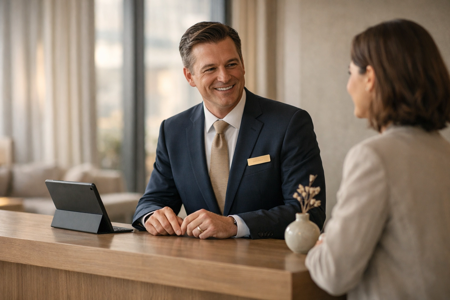Modern hotelier at a minimalist reception desk using a tablet for automated guest check-in.
