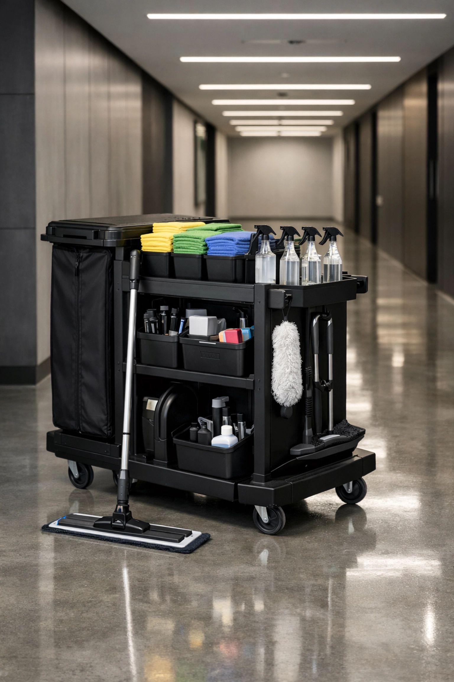 Professional janitorial cart with organized supplies in a modern Midwest office hallway.