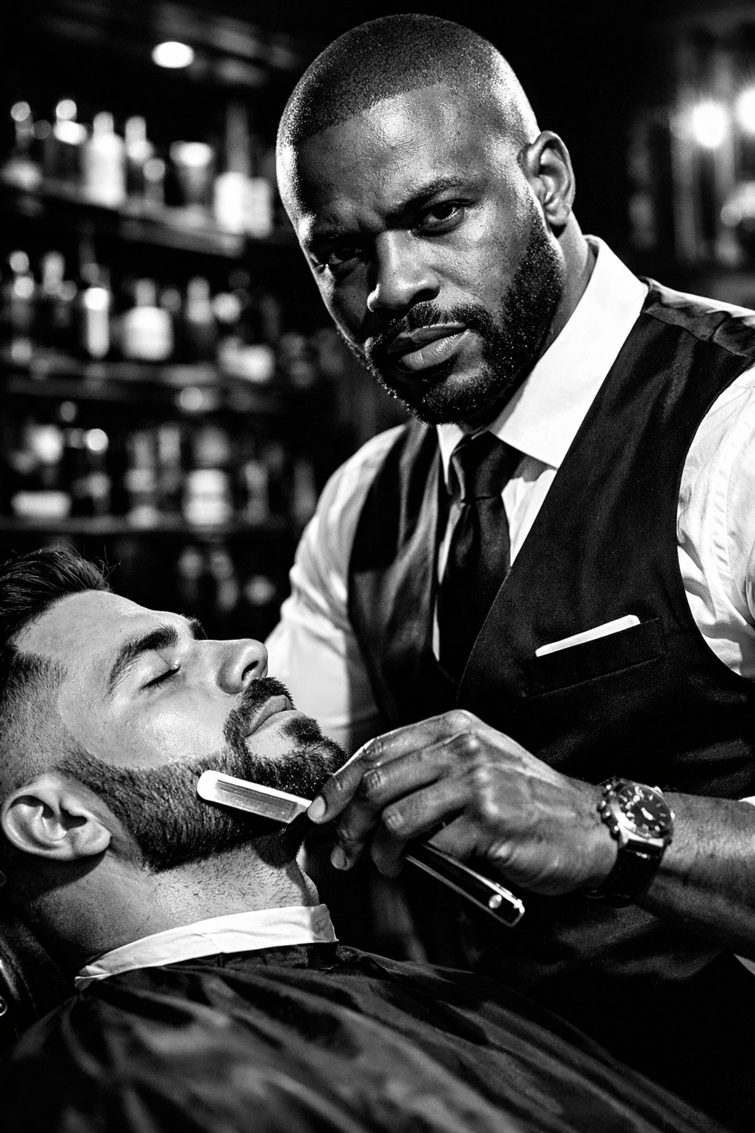 A professional barber providing a straight razor beard sculpt in a premium setting.