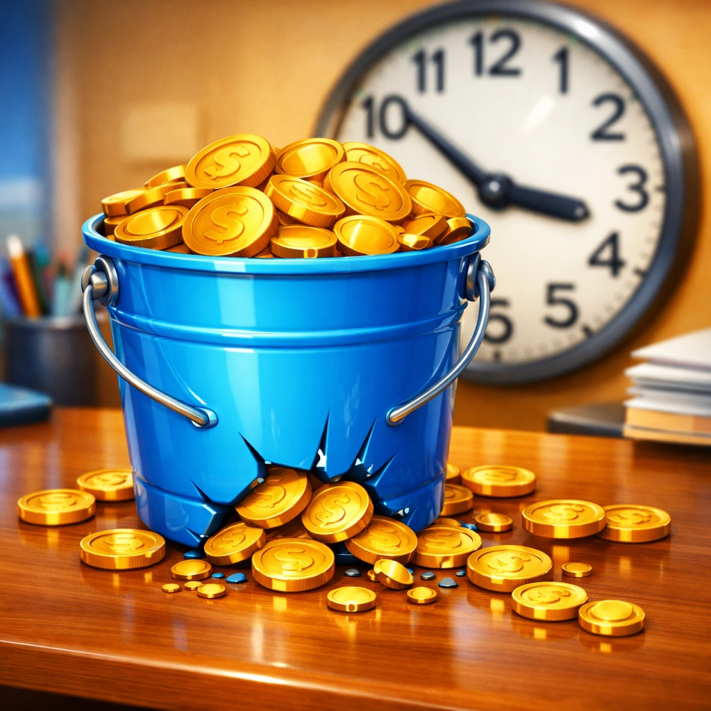 A blue bucket leaking gold coins representing lost revenue from missed business leads.
