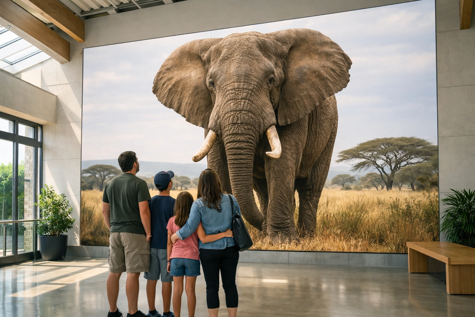 Family at a zoo viewing an African Elephant photo display, showing the impact of high-resolution wildlife visuals.