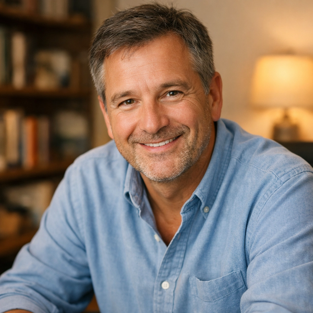 Friendly insurance agent Mike offering personal final expense insurance advice in a comfortable home office.