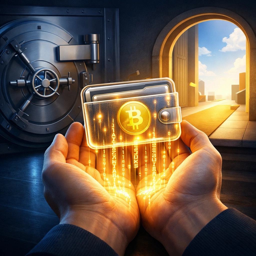 Self-custody crypto wallet with private keys representing user control versus custodial storage