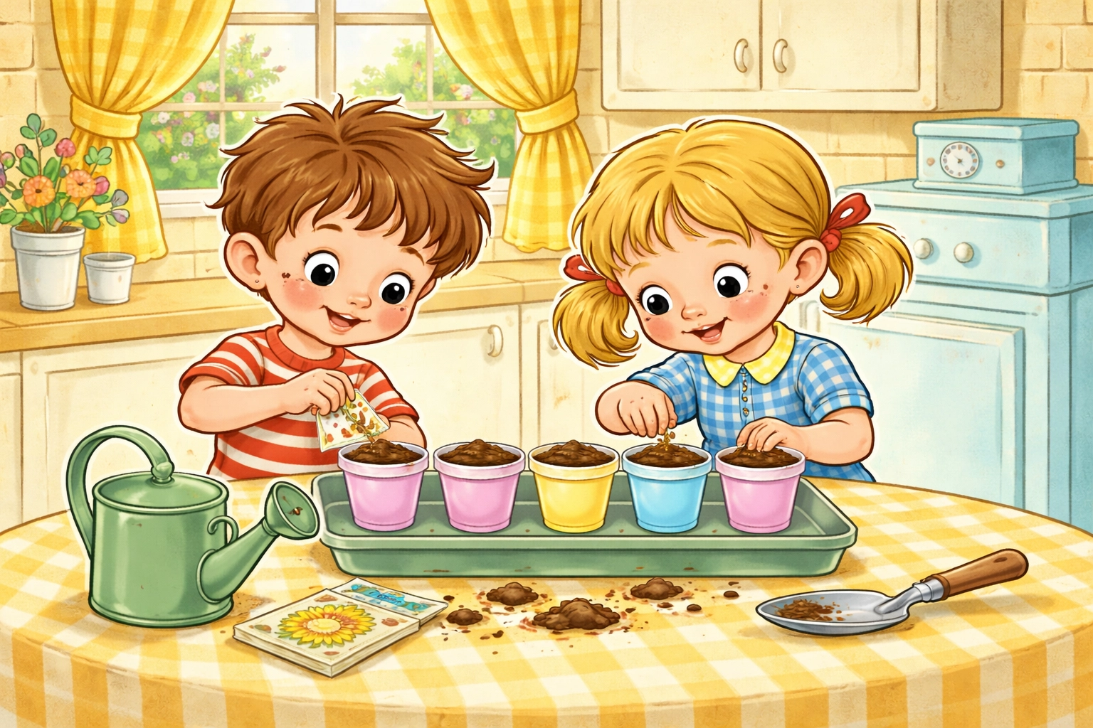 Two children planting seeds in yogurt cups at a kitchen table, demonstrating an easy and thrifty gardening project