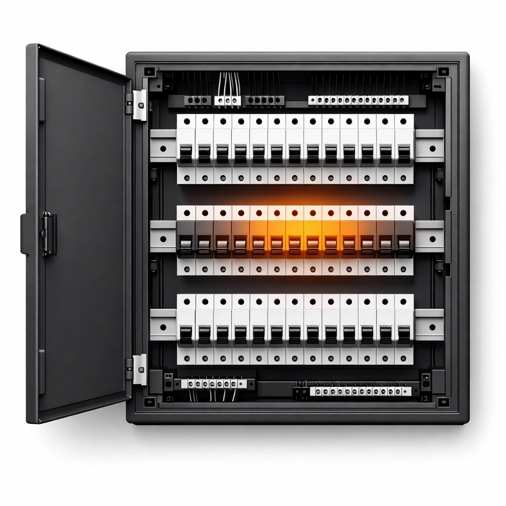 Offener Sicherungskasten mit Leitungsschutzschaltern zur professionellen Prüfung für den E-Befund.