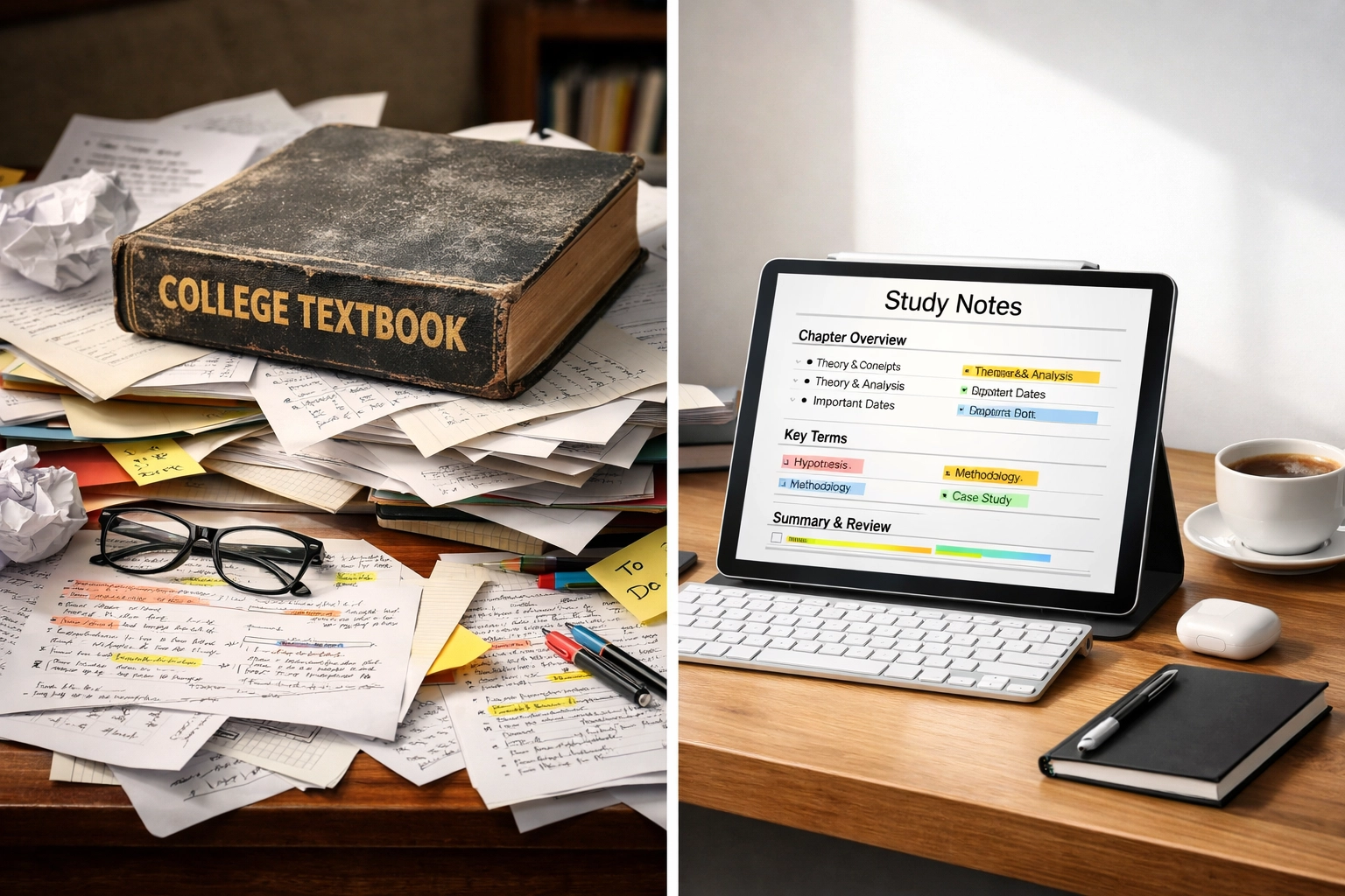Comparison of cluttered textbook vs organized CLEP study guide materials on digital device