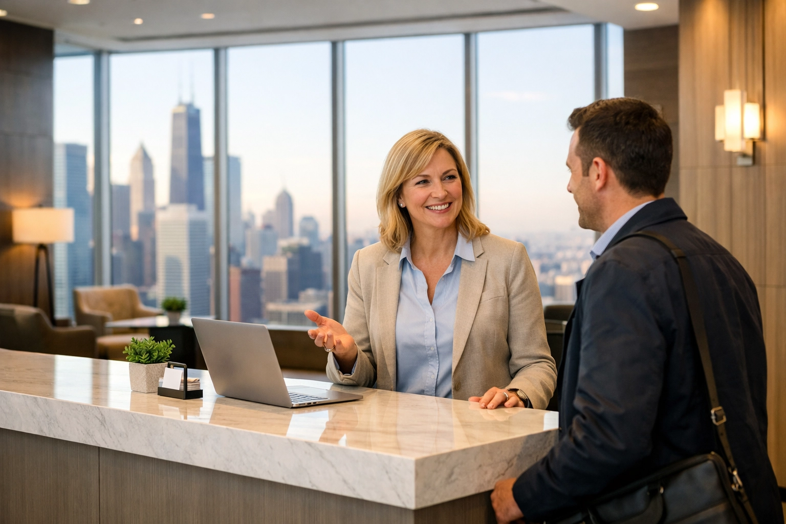 Professional property manager discussing building maintenance with a tenant in a Chicago office lobby.
