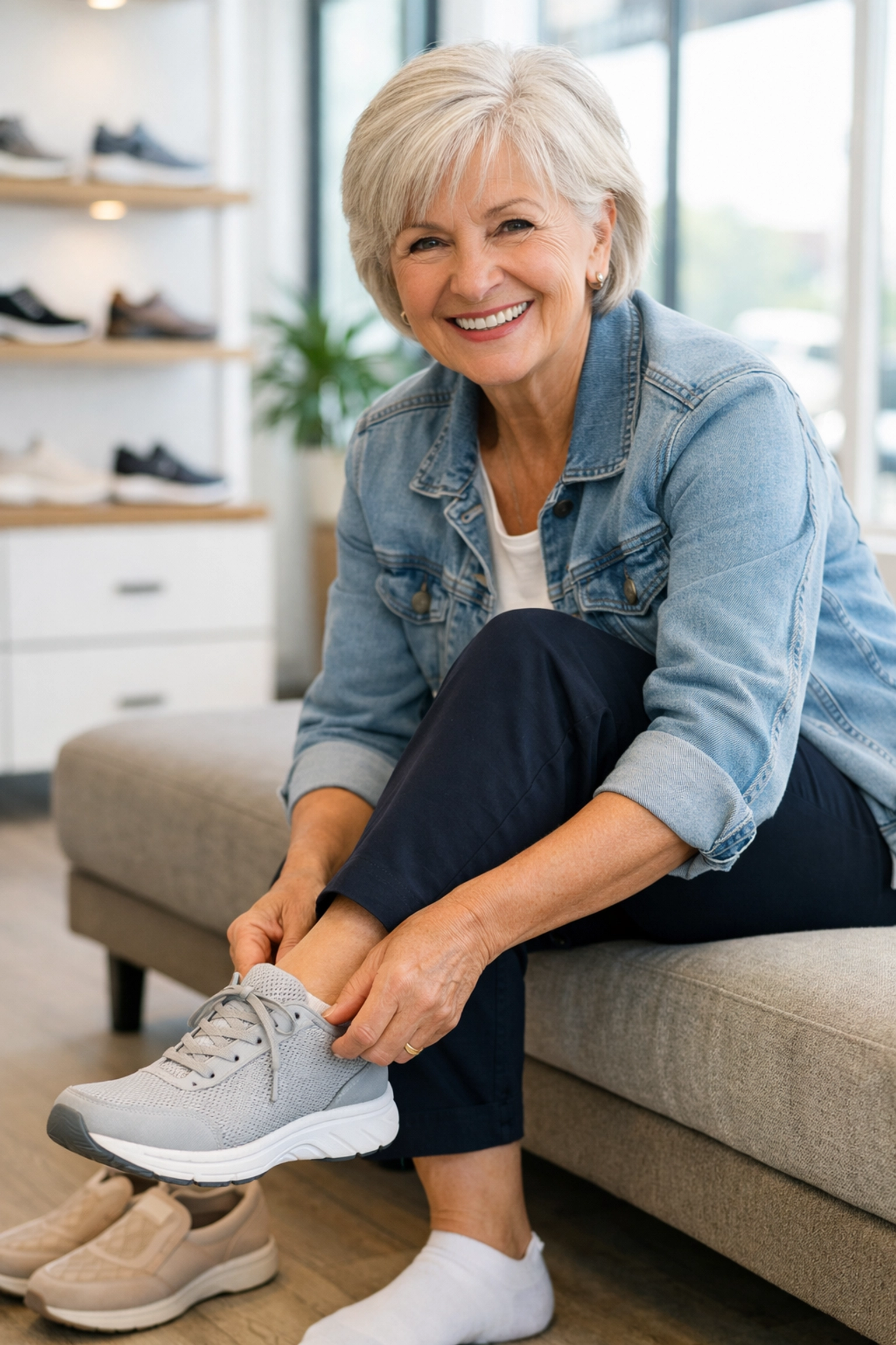 A senior woman trying on a comfortable grey walking shoe in a bright store to ensure a perfect fit.