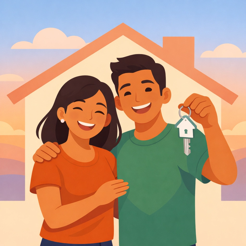 Pareja latina feliz con llaves de su primera casa después de mejorar su crédito