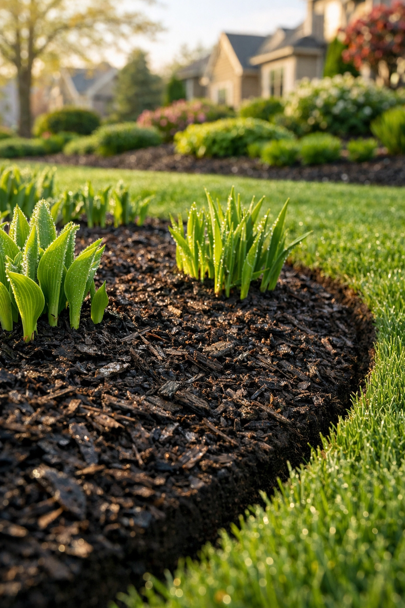 Fresh mulch and crisp garden edges showcasing professional landscape maintenance in Clarkston, MI.