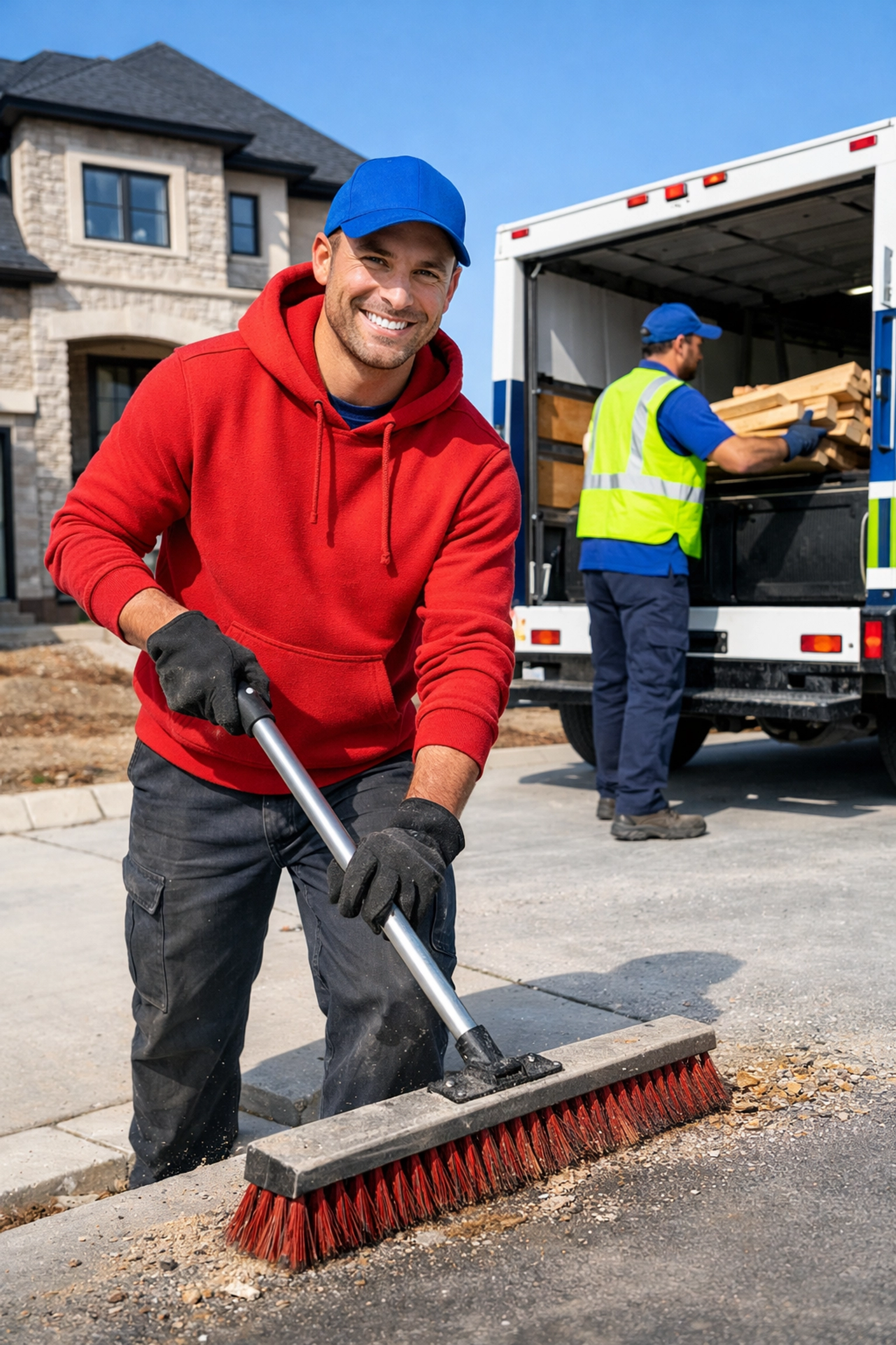Professional construction site cleanout in Vaughan with Junk GTA crew loading debris and sweeping for safety.