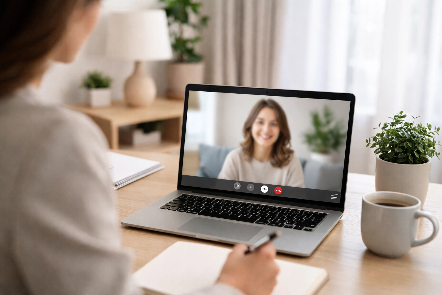 Mental health therapist conducting a telehealth session with a patient from home office