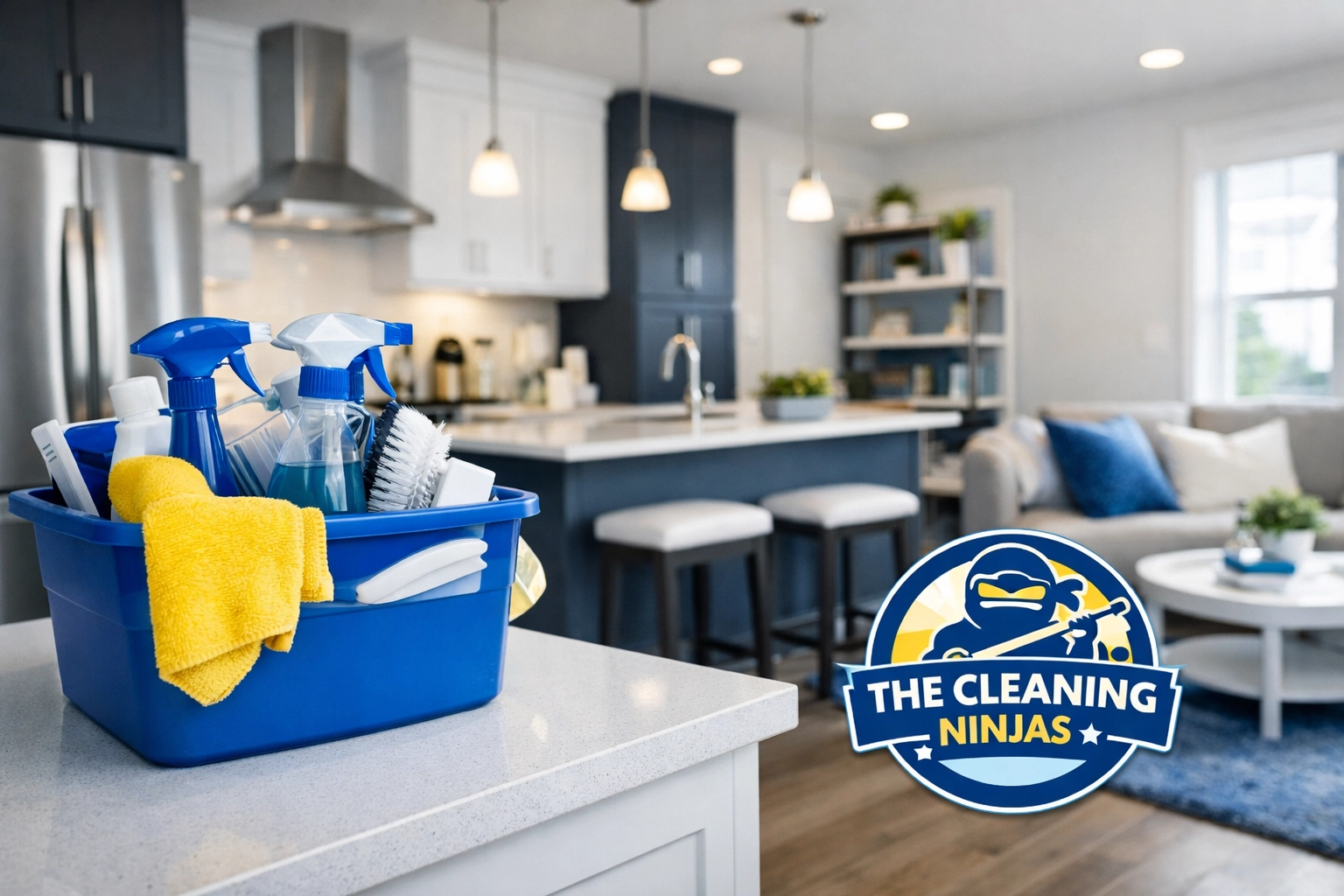 Worcester student apartment kitchen and living area freshly cleaned by The Cleaning Ninjas Inc.