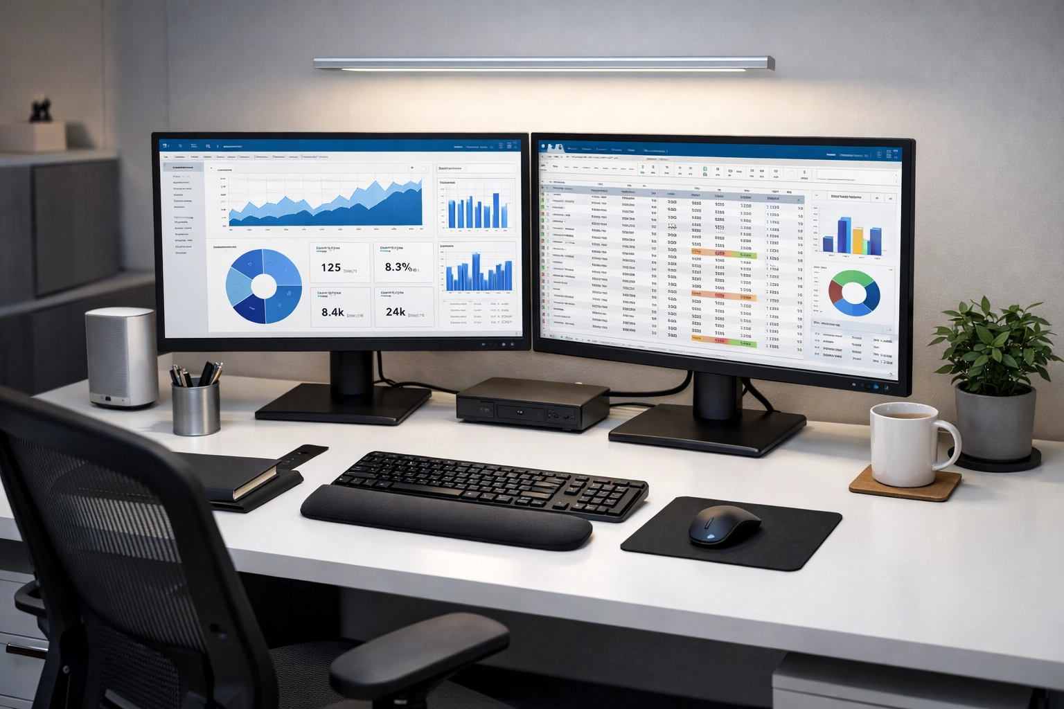 Dual monitor setup displaying ERO performance metrics and tax preparation dashboards
