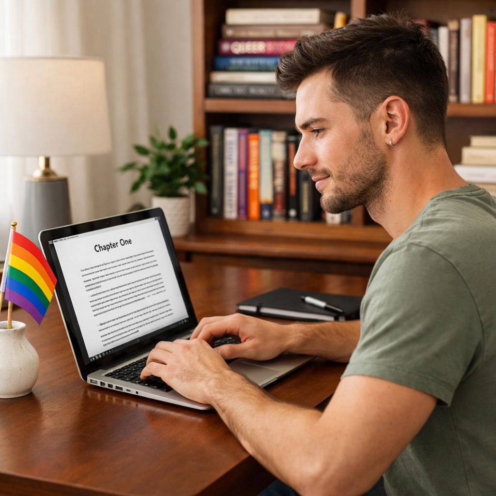 A focused gay author working on a professional LGBTQ+ ebook manuscript in a modern home office.