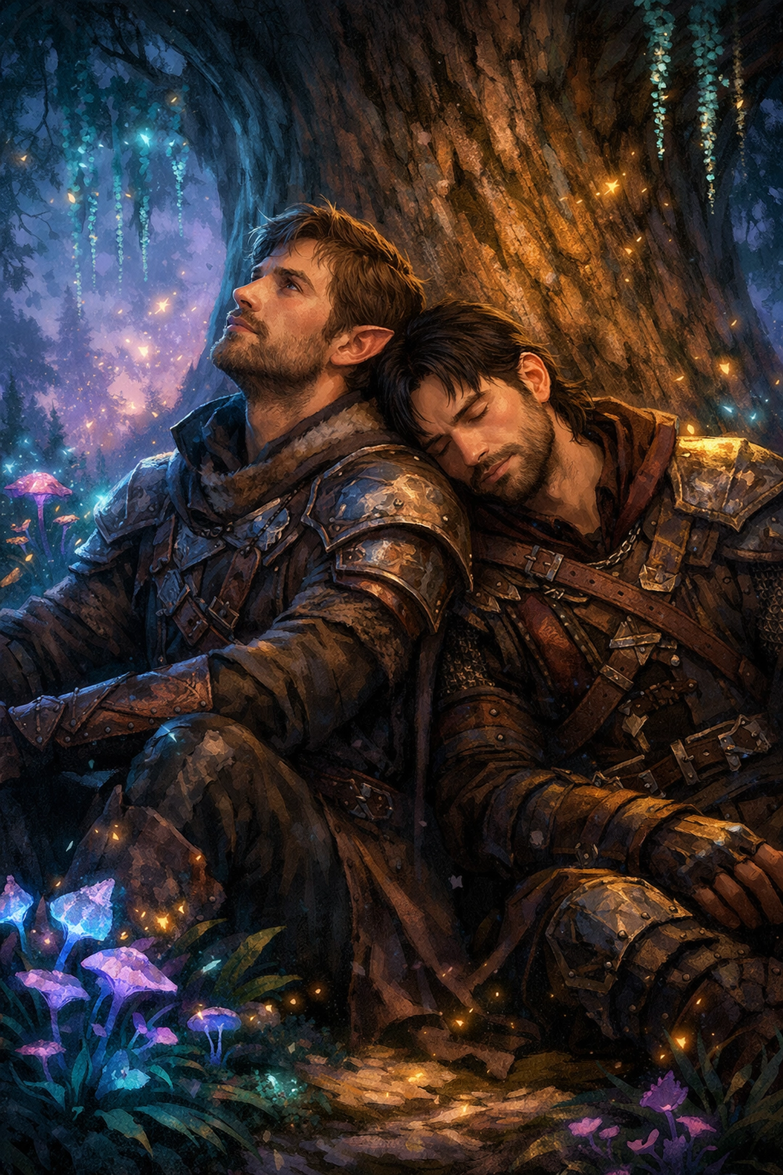 Two fantasy warriors leaning together in a mystical forest, showing the deep bond in gay fantasy romance stories.