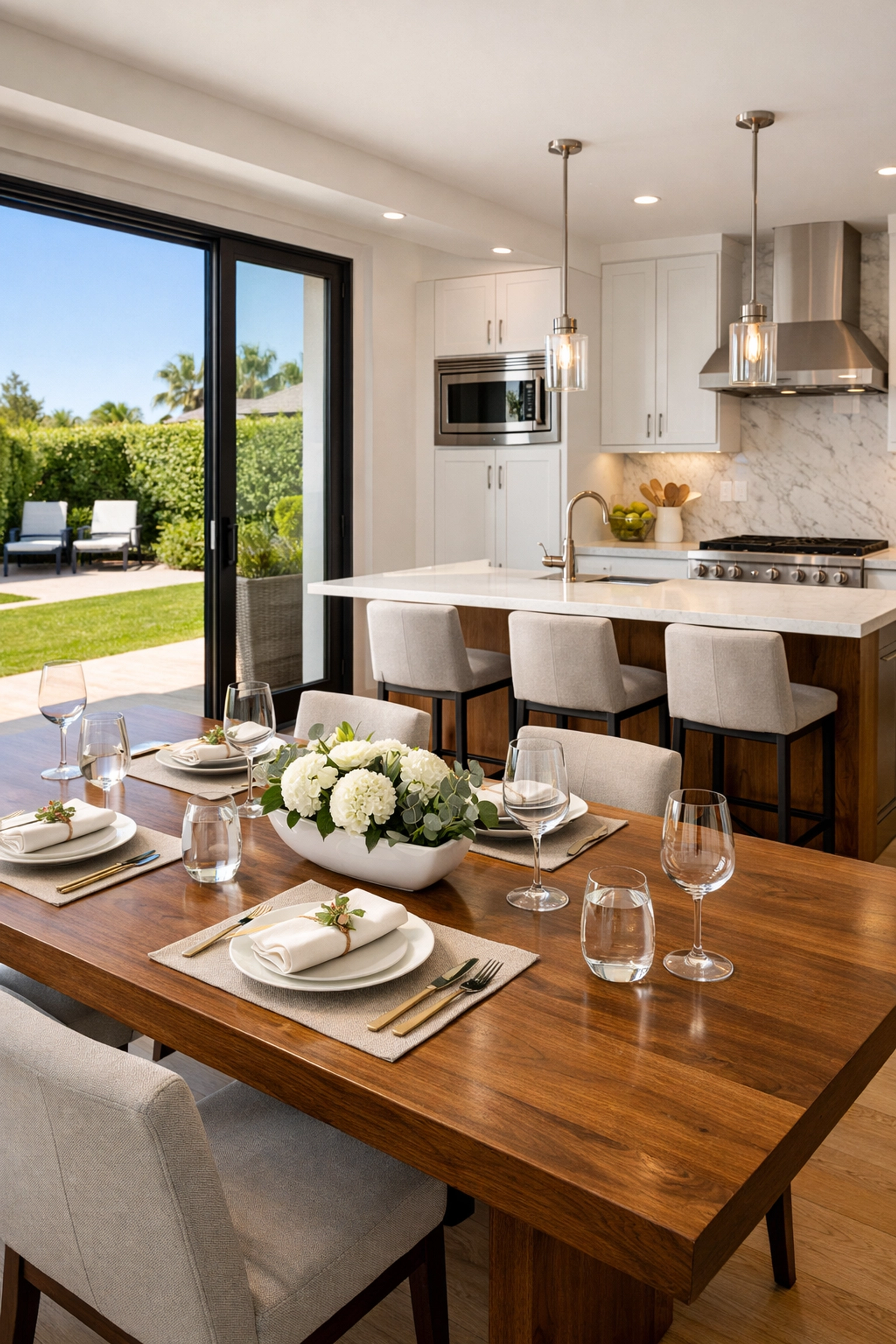 Professionally staged modern Silicon Valley kitchen and dining area with luxury finishes and natural light.