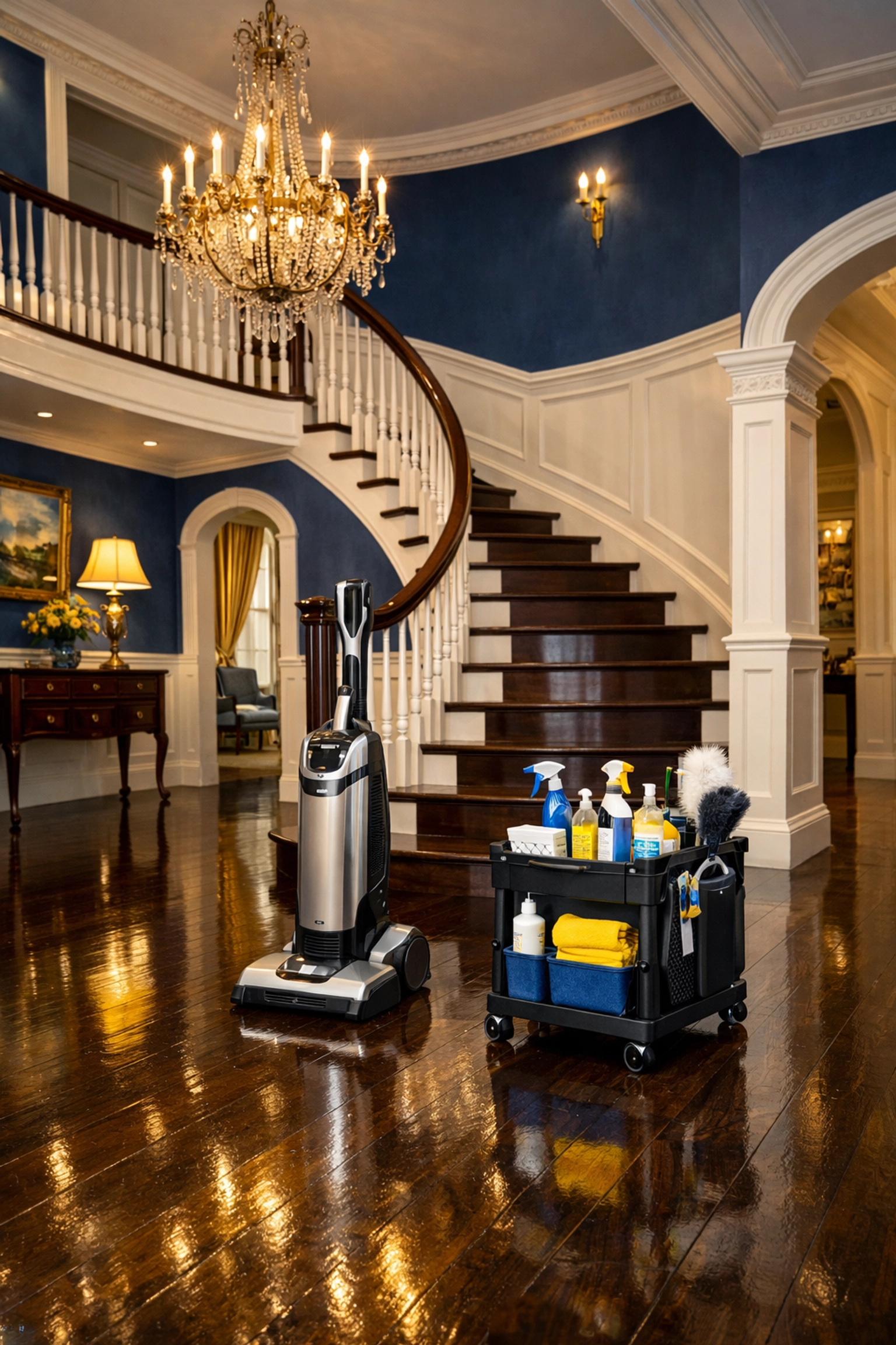 Professional residential cleaning Massachusetts using advanced equipment in a luxury Dover home foyer.