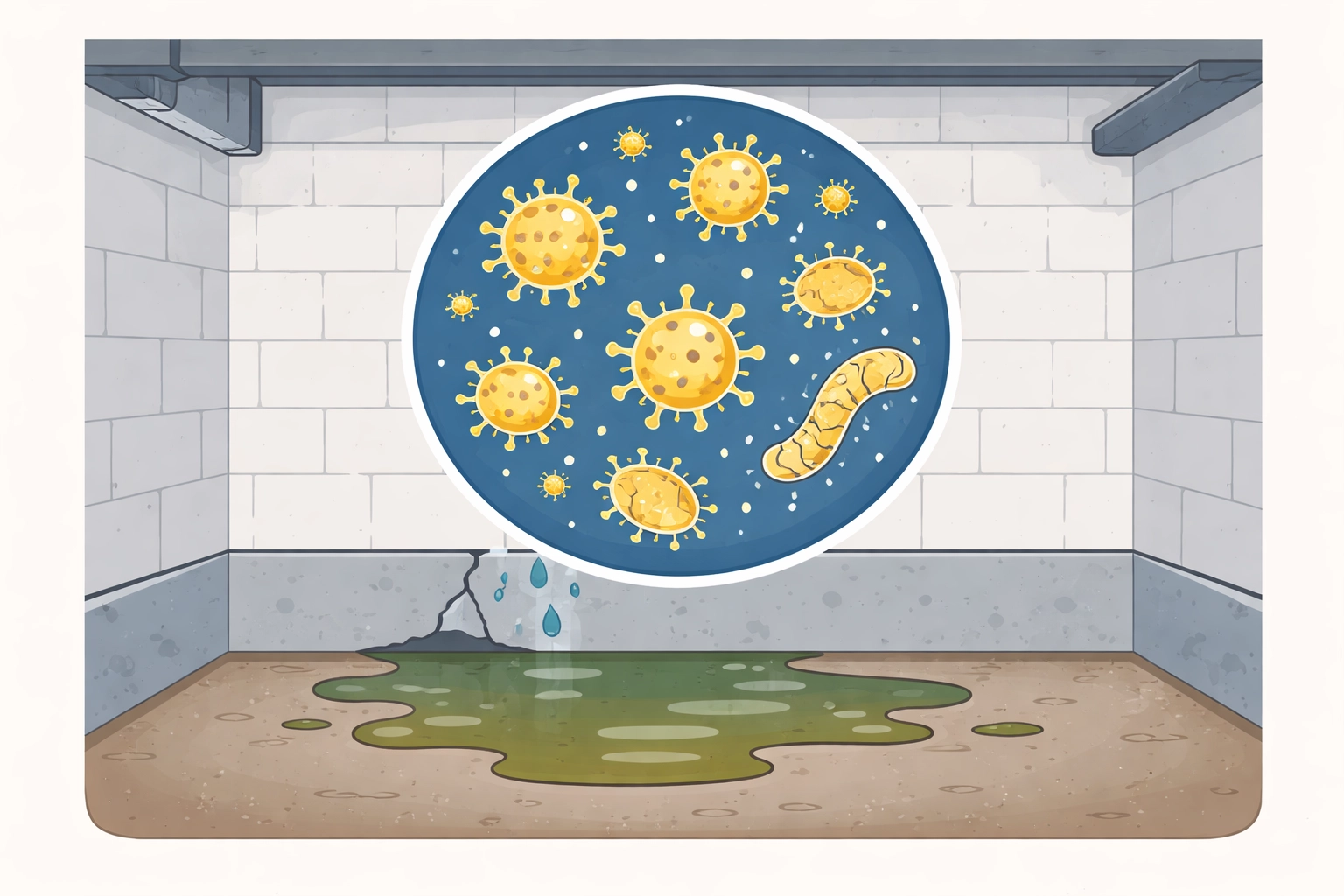 Vector illustration of pathogens and bacteria in basement sewage water, highlighting hidden dangers of DIY sewage clean up.