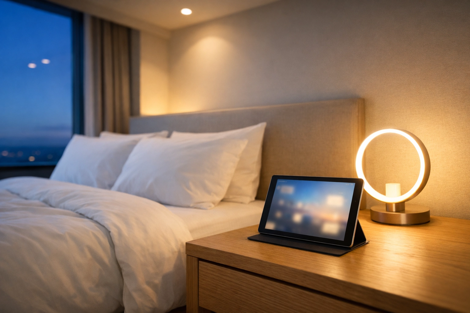 Minimalist smart hotel room featuring guest experience technology on a bedside tablet.