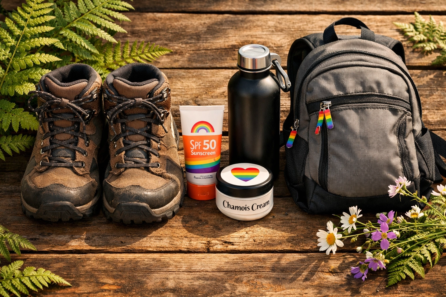 Essential naked hiking safety gear including boots, sunscreen, water bottle and daypack