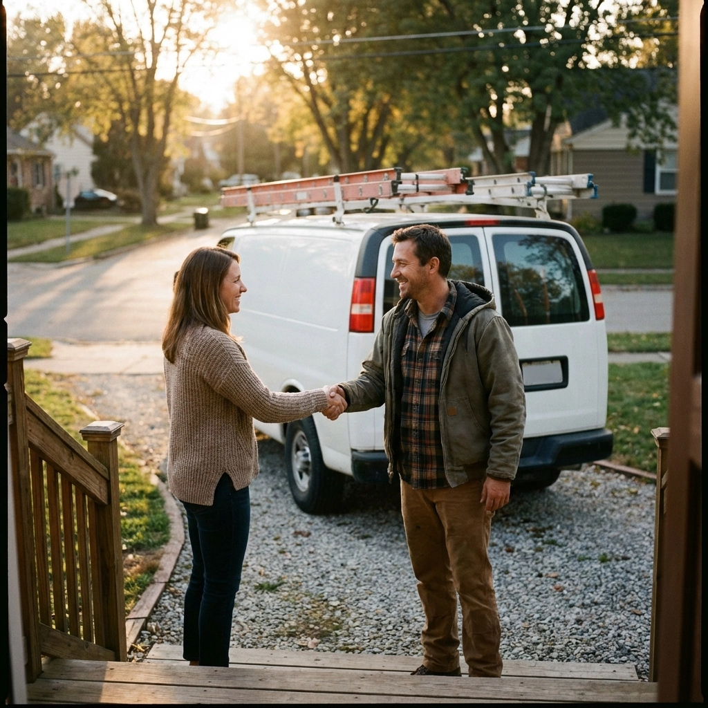 A contractor and a smiling homeowner shake hands on a sunny porch, celebrating an exclusive lead turned customer.