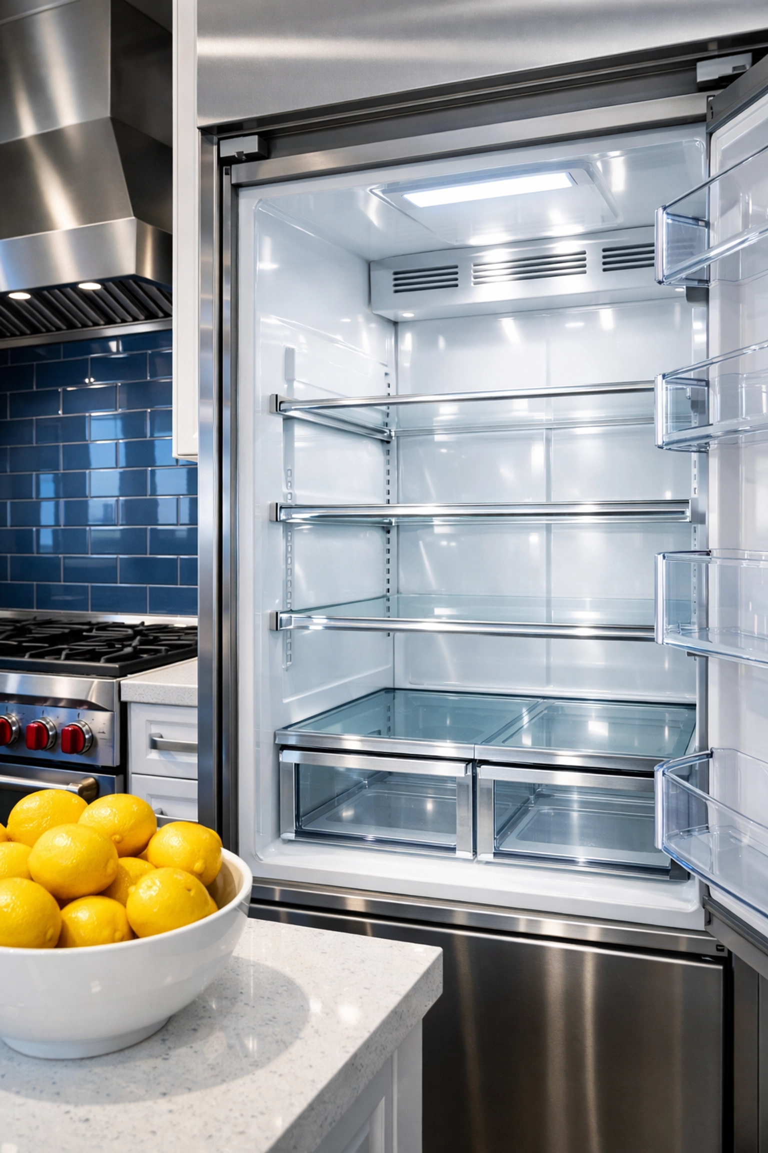 Sanitized refrigerator interior highlighting detailed move-in/move-out cleaning Lowell for home appliances.