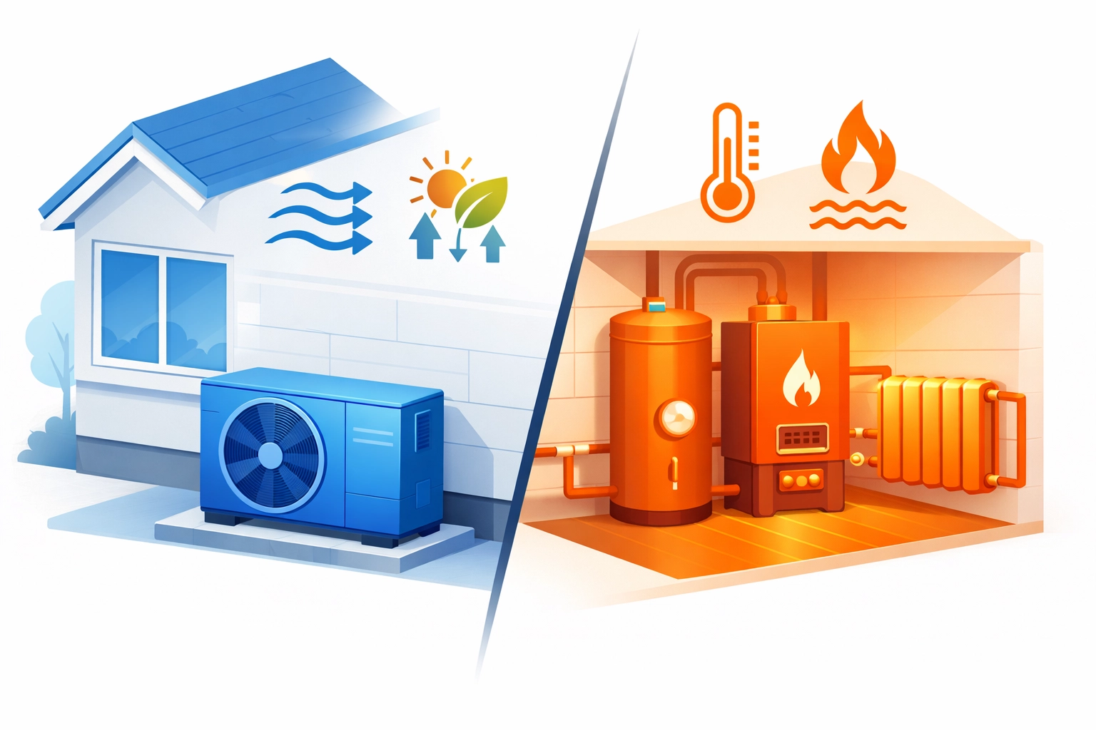 Isometric comparison of an energy-efficient air source heat pump and a traditional gas boiler system.