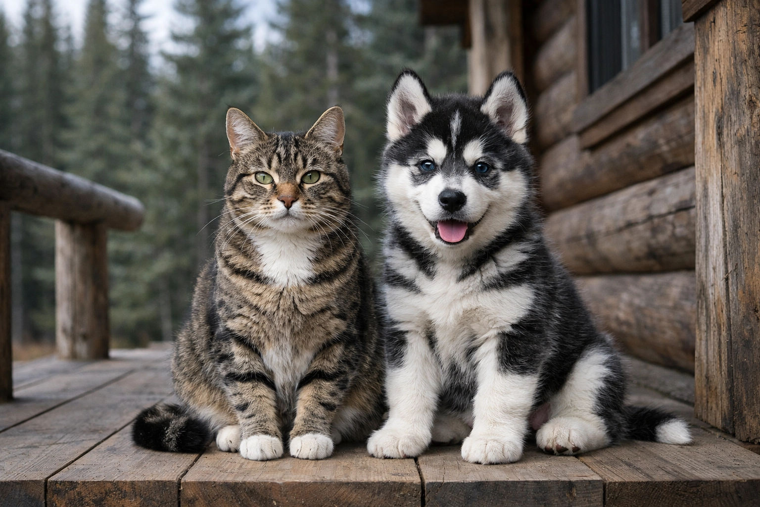 Cat and puppy sitting together on cabin porch in Alaska representing multi-pet insurance