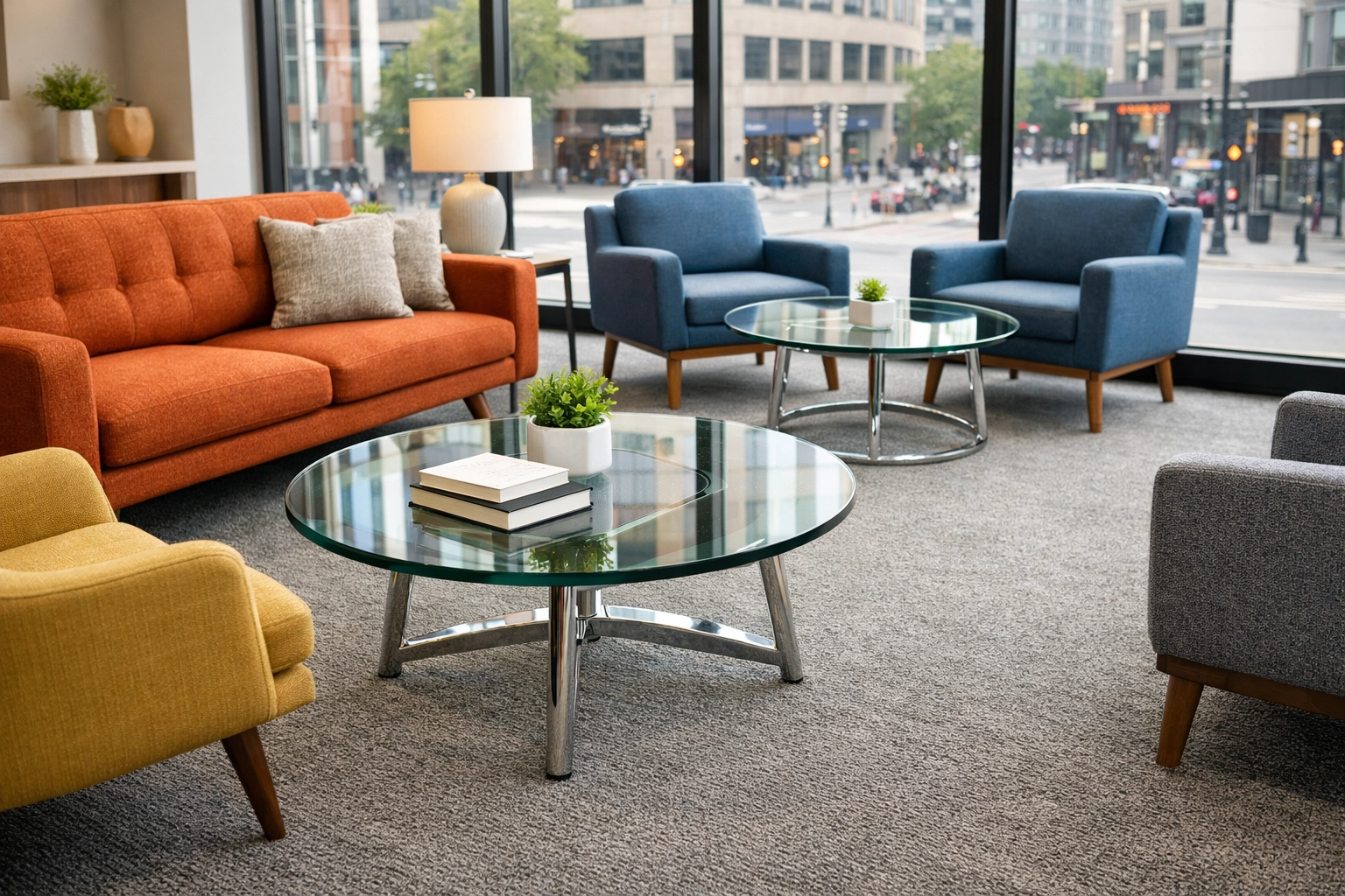 Meticulously cleaned multifamily common area with vacuumed carpets and modern furniture in a Chicago office.