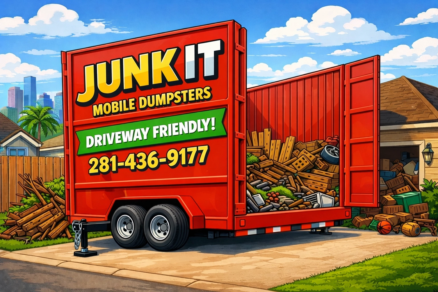 Driveway-safe mobile dumpster rental Houston homeowners use for heavy trash and old fencing removal.