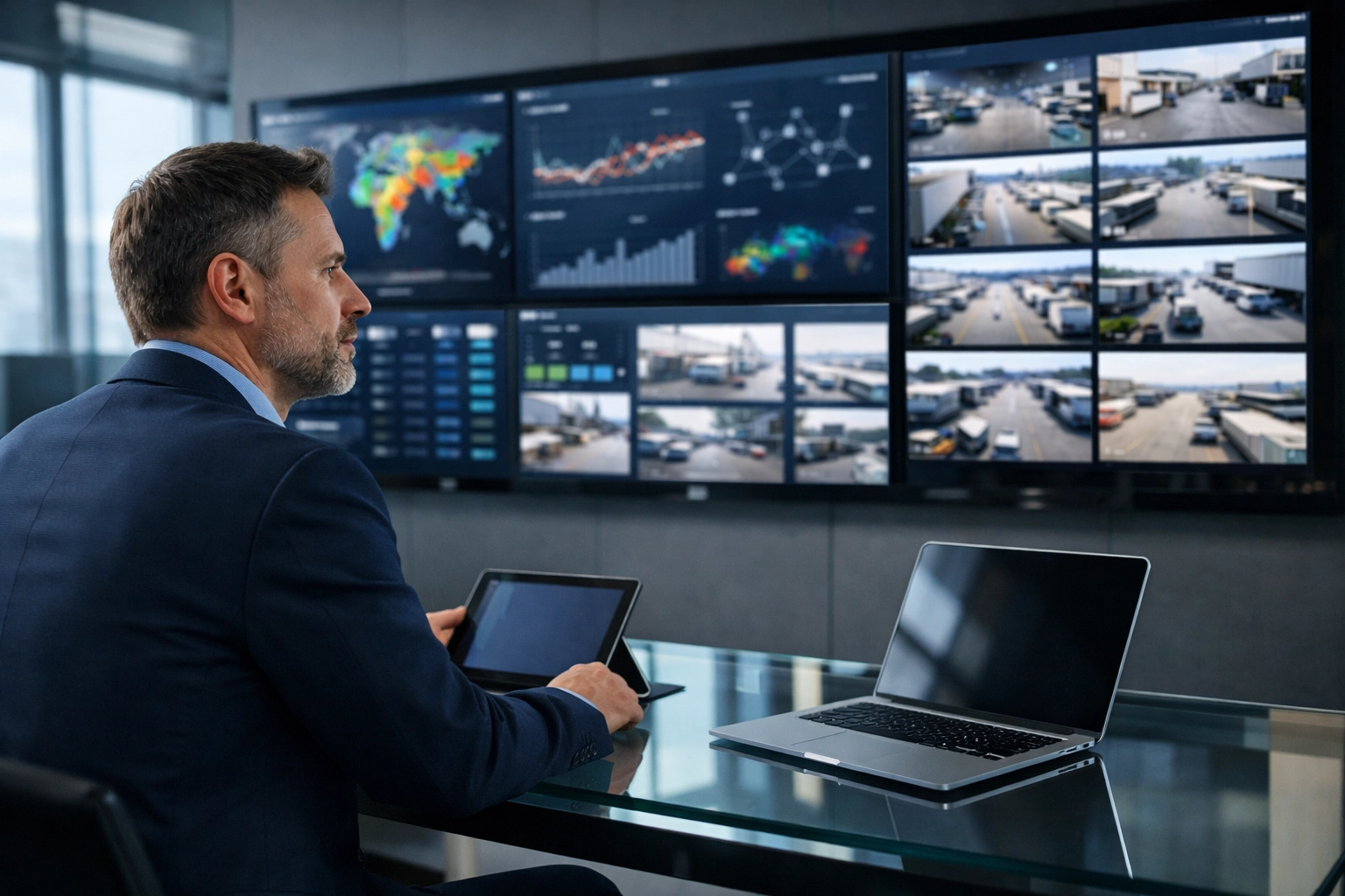 Logistics manager tracking fleet data analytics and digital signage performance in a professional command center.
