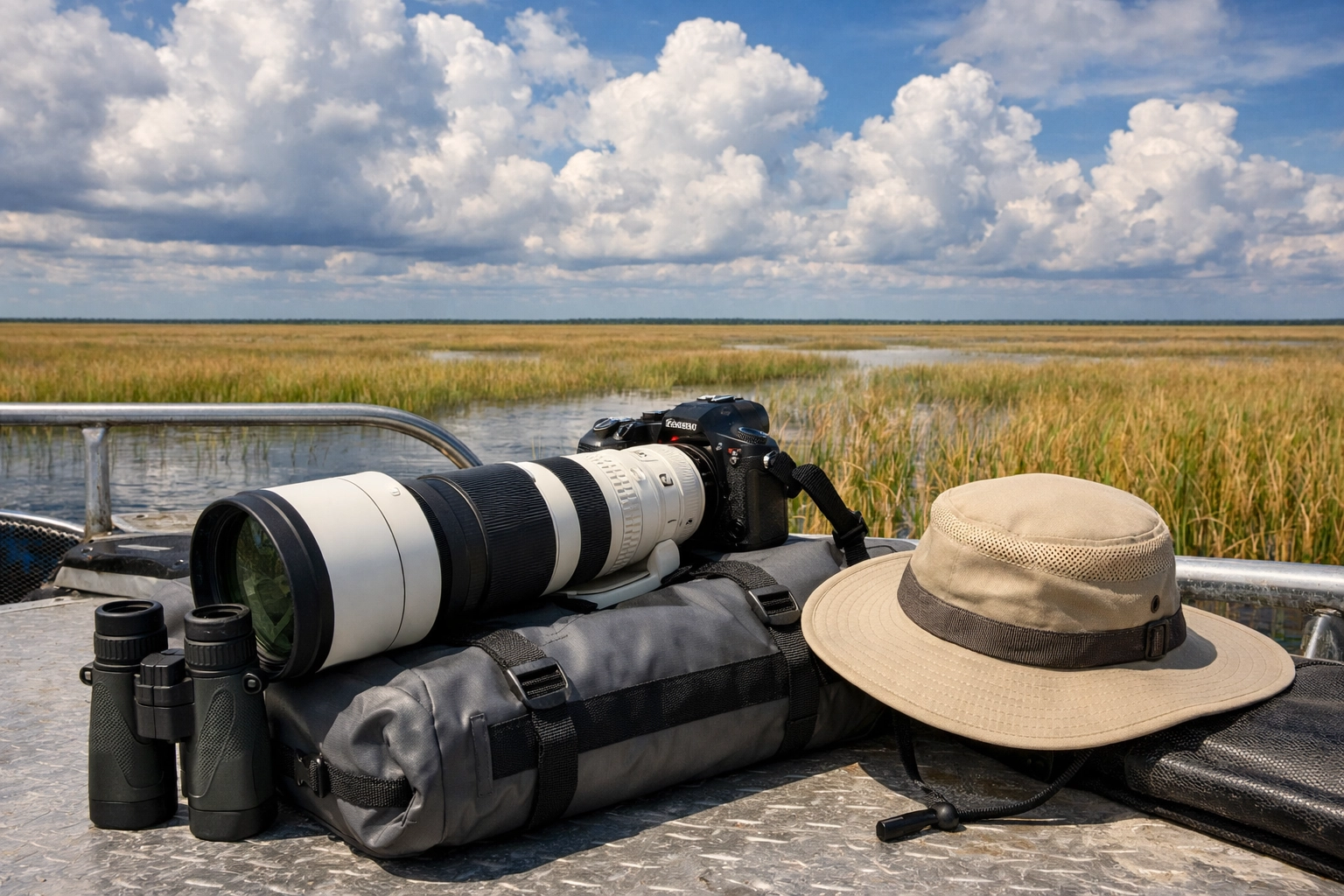 Essential camera gear and a telephoto lens ready for an Everglades wildlife photography expedition.