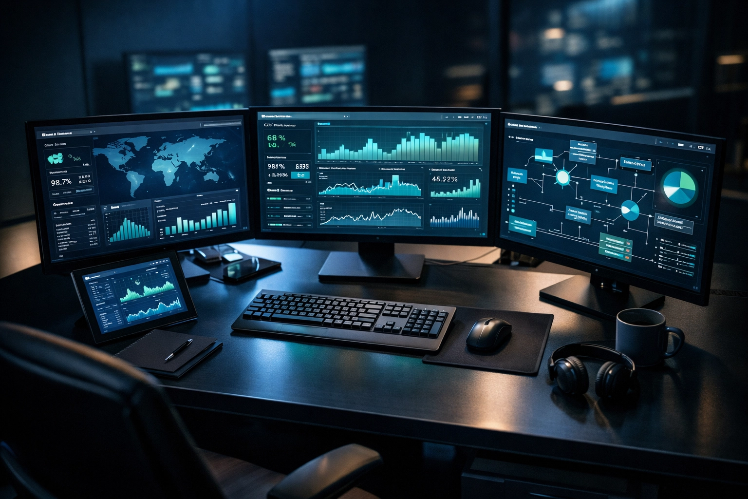 Automated analytics dashboards displaying real-time performance metrics for media holding operations