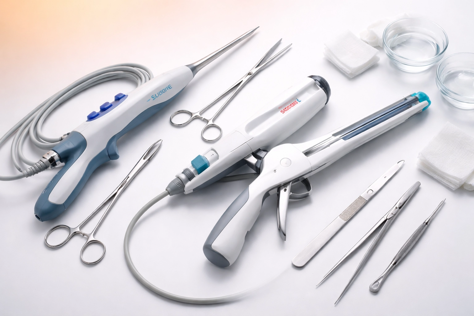 Assorted sterile surgical equipment and disposables on a clean white background, hospital surgical supplies sourced online