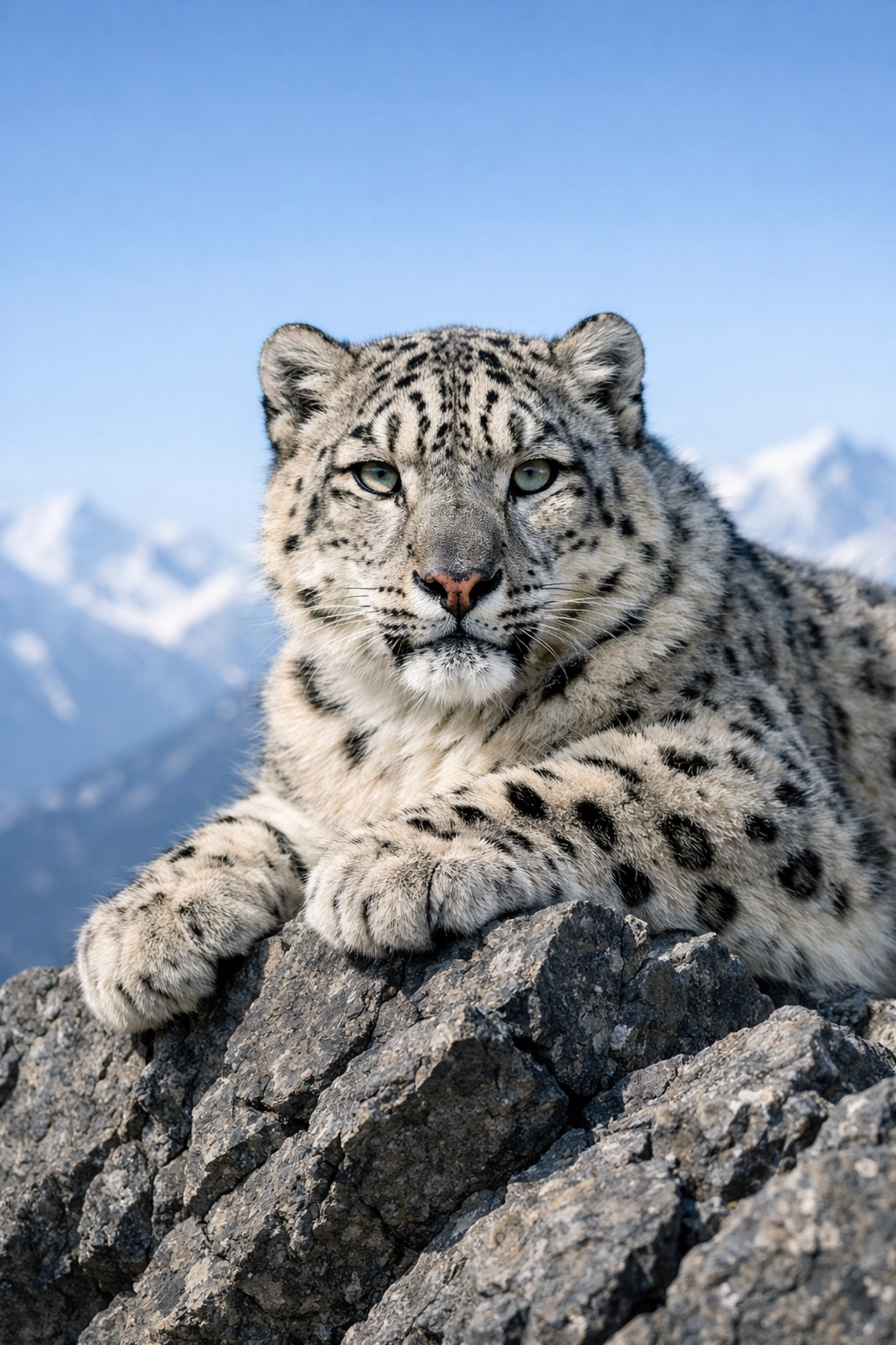 Sharp portrait of a snow leopard with a blurred mountain background illustrating the space technique.