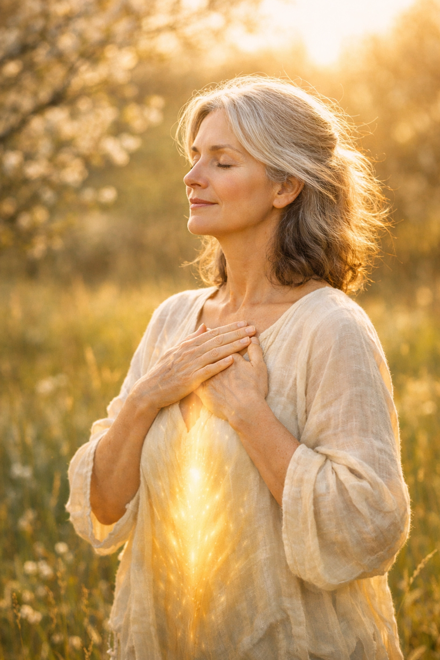 A woman in her fifties embracing the spiritual meaning of menopause and her Second Spring rebirth in a sunlit meadow.