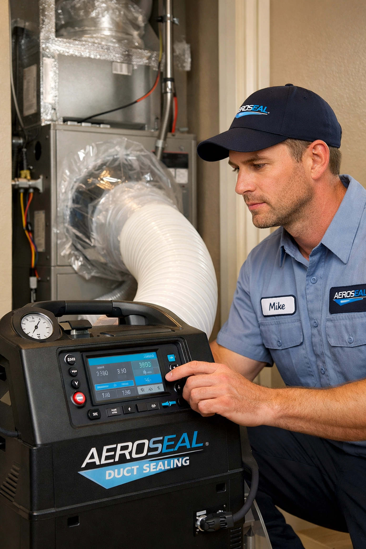 Professional HVAC technician performing Aeroseal duct sealing in a Gilbert AZ home to improve energy efficiency.