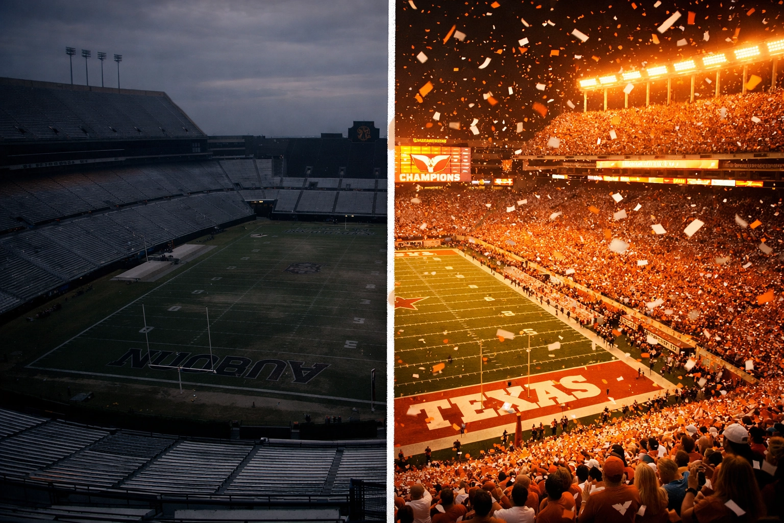Comparison of Auburn and Texas football stadiums showing transfer portal impact