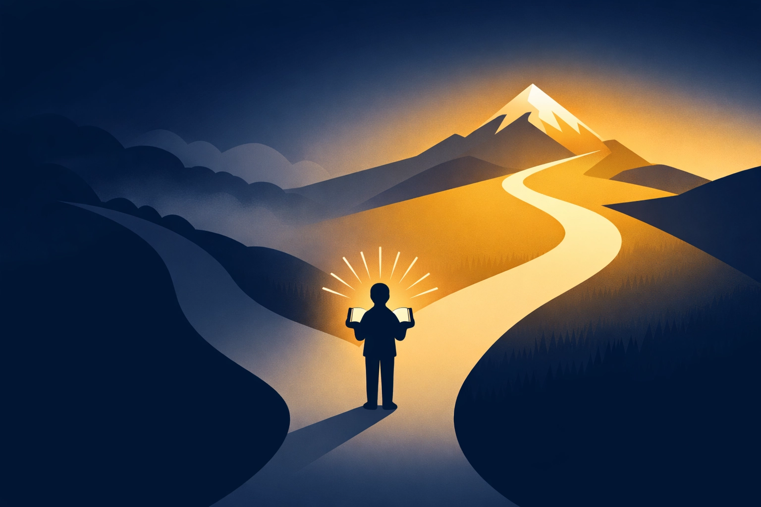 Fork in path with person holding Scripture symbolizing praying according to God's will