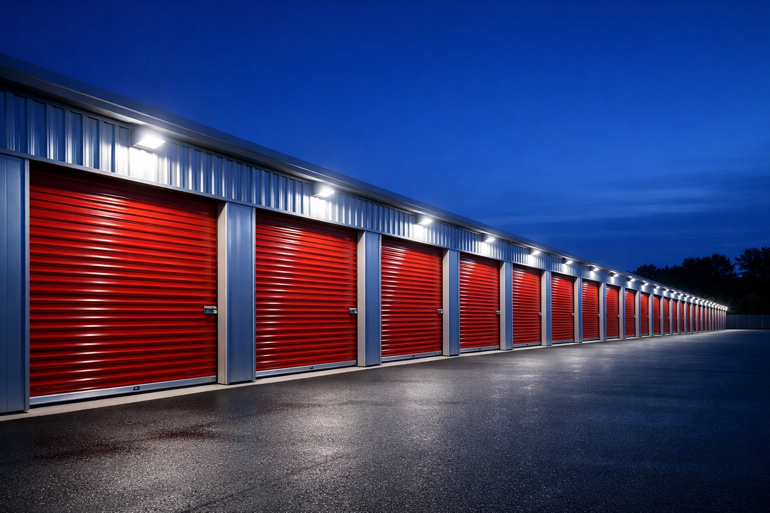 Secure Hertford storage units with illuminated 24/7 access and modern industrial design.